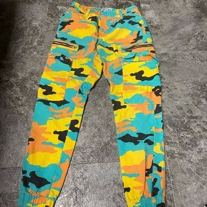 Kreamy pants blue yellow orange camo super cute size L but smaller fit